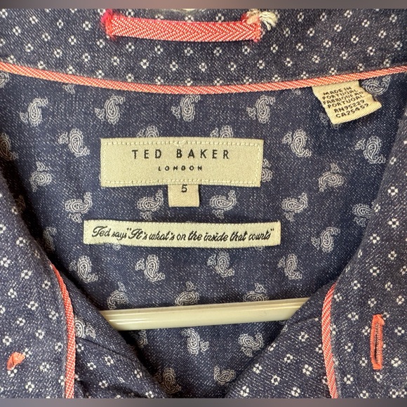 Ted Baker Men’s Navy Paisley Casual Button Down Cotton Short Sleeve Shirt Size 5 - Picture 3 of 6
